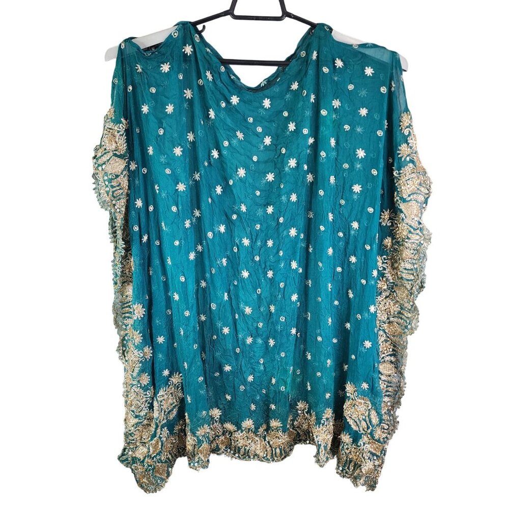 Handcrafted Teal & Gold Embroidered Sheer Shawl With Floral Motifs